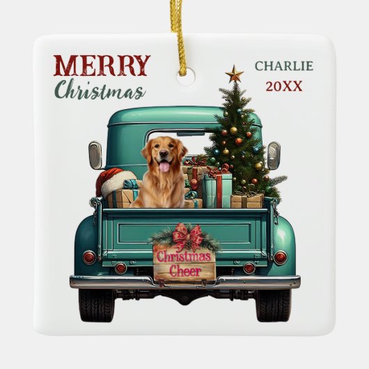 Golden Retriever Dog Retro Truck Kerstmis Keramisch Ornament (Voorkant)