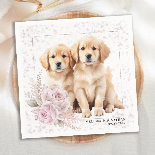 Golden Retriever Dog  Roze Bloemen Bruiloft Servet