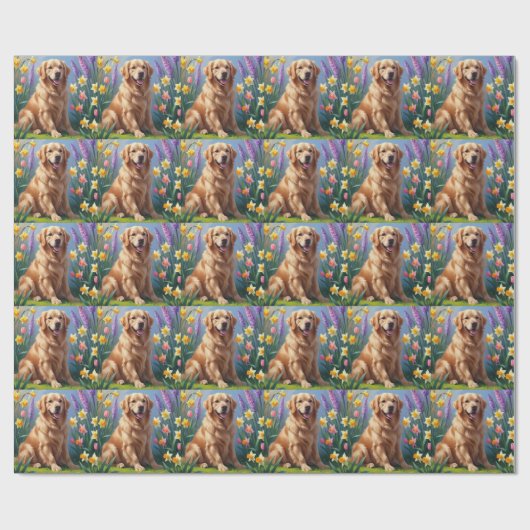 Golden Retriever Dog Spring Bloemen Schilderij Cadeaupapier (Vlak)