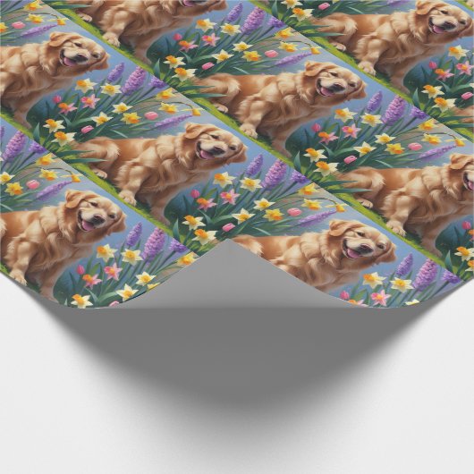 Golden Retriever Dog Spring Bloemen Schilderij Cadeaupapier (Hoek)