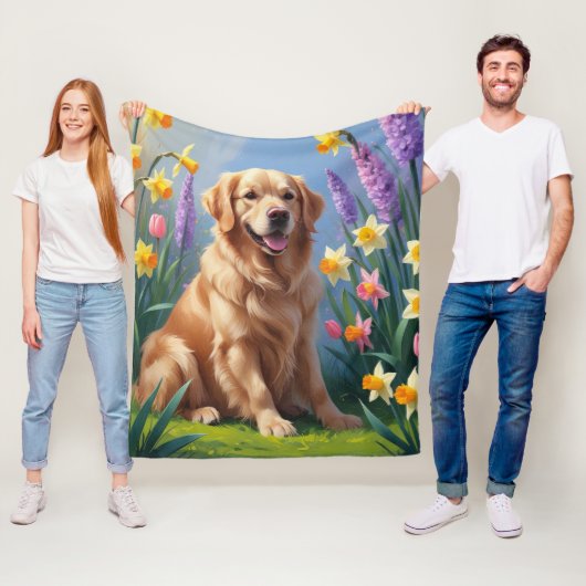 Golden Retriever Dog Spring Bloemen Schilderij Fleece Deken (In situ)