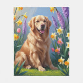 Golden Retriever Dog Spring Bloemen Schilderij Fleece Deken (Voorkant)
