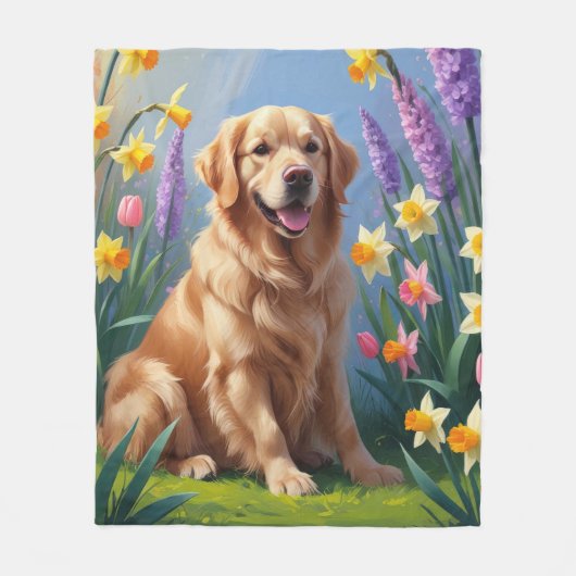 Golden Retriever Dog Spring Bloemen Schilderij Fleece Deken (Voorkant)