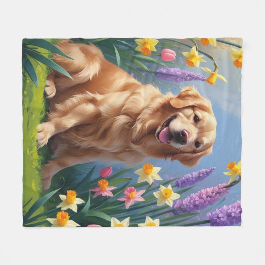 Golden Retriever Dog Spring Bloemen Schilderij Fleece Deken (Voorkant (Horizontaal))