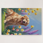 Golden Retriever Dog Spring Bloemen Schilderij Legpuzzel (Horizontaal)
