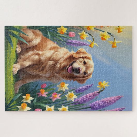 Golden Retriever Dog Spring Bloemen Schilderij Legpuzzel (Horizontaal)