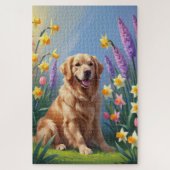 Golden Retriever Dog Spring Bloemen Schilderij Legpuzzel (Verticaal)