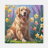 Golden Retriever Dog Spring Bloemen Schilderij Magneet (Voorkant)