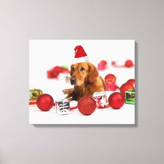 Golden Retriever Dog W Red Santa Hat Kerstmis Canvas Afdruk (Voorkant)