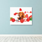 Golden Retriever Dog W Red Santa Hat Kerstmis Canvas Afdruk (Insitu (Houten vloer))