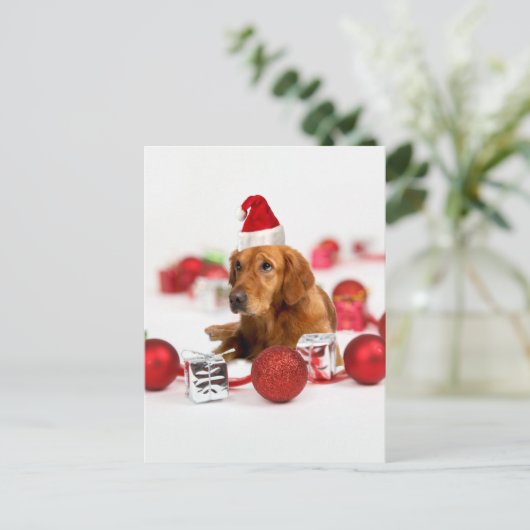 Golden Retriever Dog W Red Santa Hat Kerstmis Feestdagenkaart (Staand voorkant)