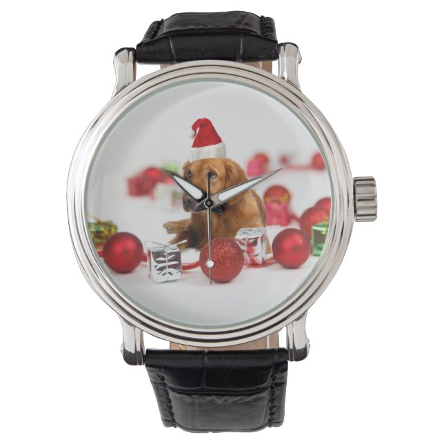 Golden Retriever Dog W Red Santa Hat Kerstmis Horloge (Voorkant)