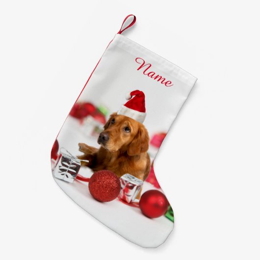 Golden Retriever Dog W Red Santa Hat Kerstmis Kleine Kerstsok (Voorkant (Hangend))