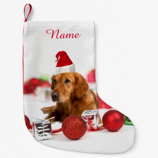 Golden Retriever Dog W Red Santa Hat Kerstmis Kleine Kerstsok (Voorkant)