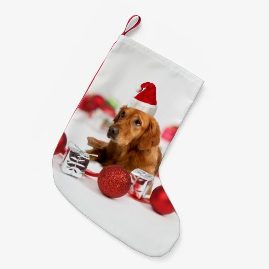 Golden Retriever Dog W Red Santa Hat Kerstmis Kleine Kerstsok (Voorkant (Hangend))