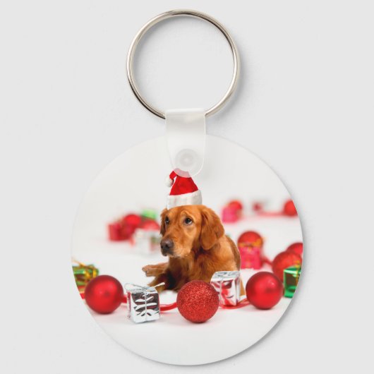 Golden Retriever Dog W Red Santa Hat Kerstmis Sleutelhanger (Voorkant)