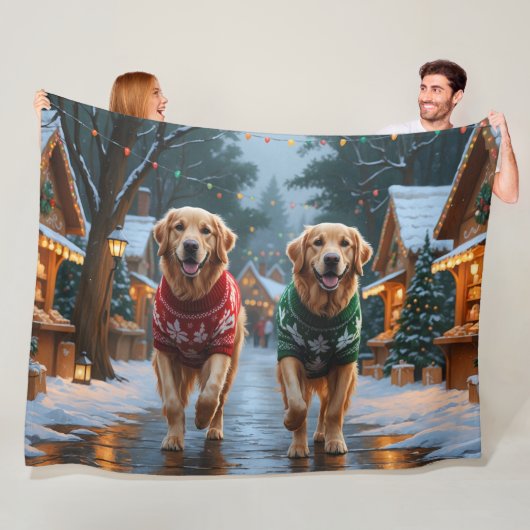 Golden Retriever Dogs Christmas Snow Holiday Fleece Deken (In situ)