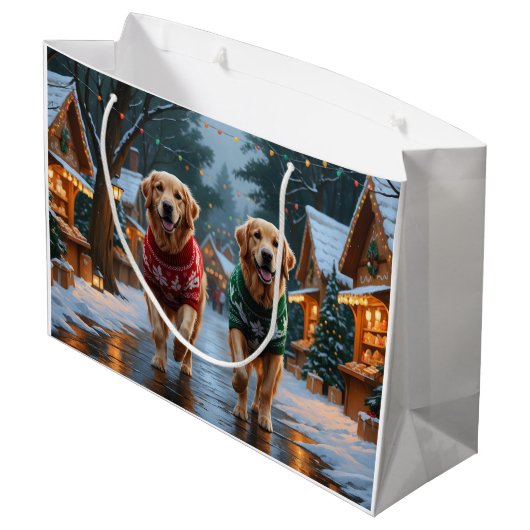 Golden Retriever Dogs Christmas Snow Holiday Groot Cadeauzakje (Achterkant Gekanteld)