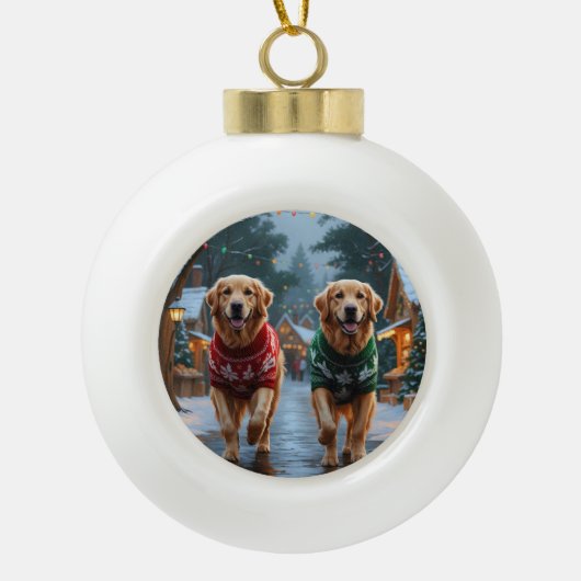 Golden Retriever Dogs Christmas Snow Holiday Keramische Bal Ornament (Voorkant)