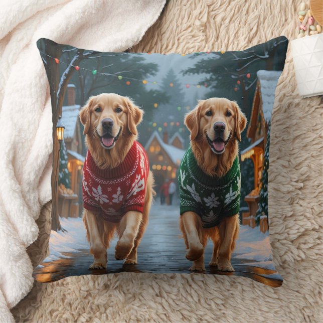 Golden Retriever Dogs Christmas Snow Holiday Kussen (Deken)