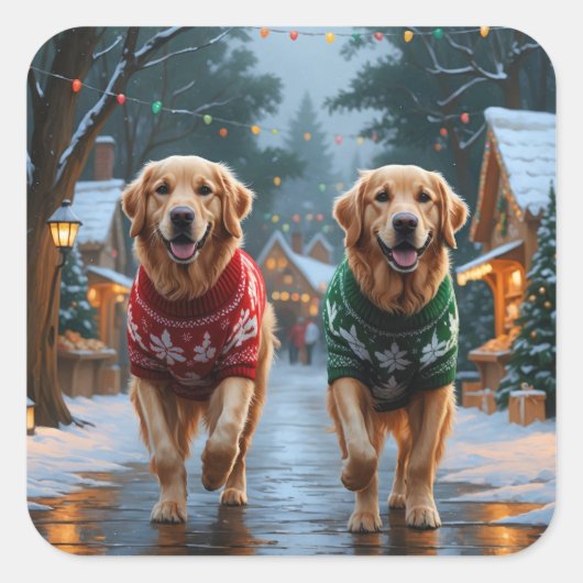 Golden Retriever Dogs Christmas Snow Holiday Vierkante Sticker (Voorkant)