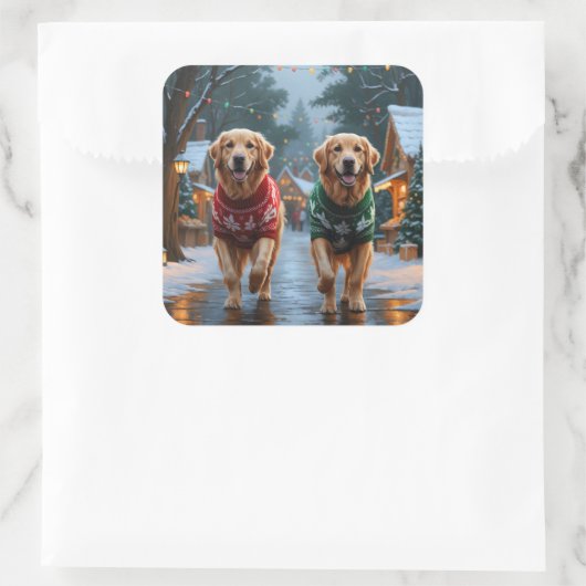 Golden Retriever Dogs Christmas Snow Holiday Vierkante Sticker (Tas)