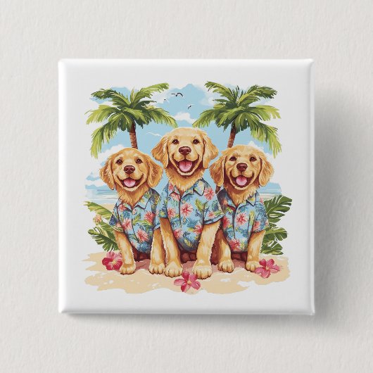 Golden Retriever Dogs met een Hawaïaans Shirt Vierkante Button 5,1 Cm (Voorkant)