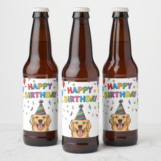 Golden Retriever Doodle Happy Birthday Bier Etiket (Flessen)