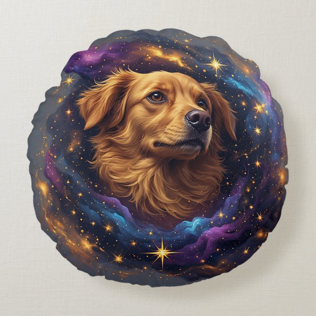 Golden Retriever door Whimsical Cosmos Rond Kussen (Voorkant)