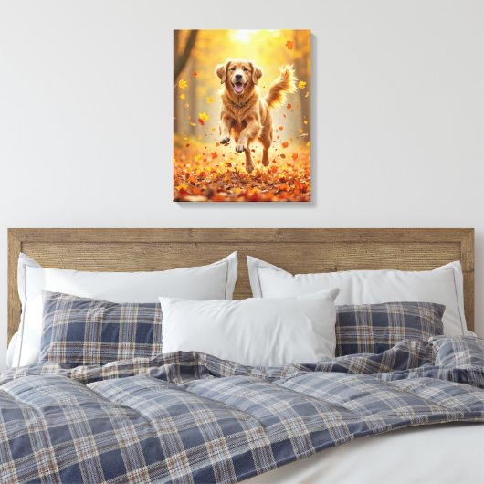 Golden Retriever draait in de herfst Bossen Canvas Afdruk (Insitu (Slaapkamer))