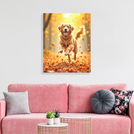 Golden Retriever draait in de herfst Bossen Canvas Afdruk (Insitu (Woonkamer))