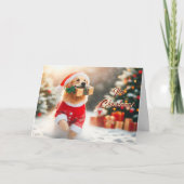 Golden Retriever draait met een kerstcadeau Kaart (Voorkant)