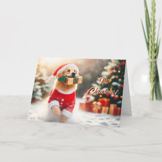 Golden Retriever draait met een kerstcadeau Kaart (Voorkant)