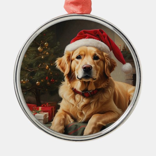 Golden Retriever Dragen Santa Hat Metalen Ornament (Voorkant)