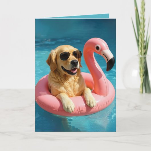 Golden Retriever Drijvend Met Een Flamingo Verjaar Kaart (Voorkant)