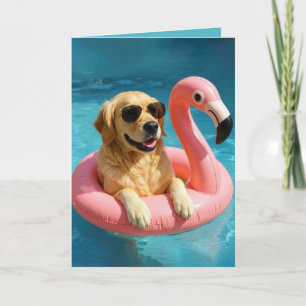 Golden Retriever Drijvend Met Een Flamingo Verjaar Kaart