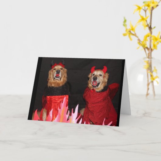 Golden retriever Duivels Halloween Kaart (Gele Bloem)