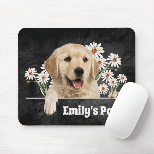 Golden Retriever en Daisies op zwart leder Muismat (Met muis)