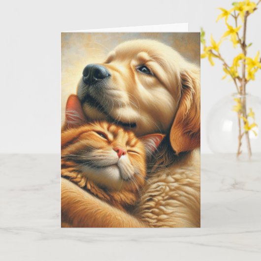 Golden Retriever en Ginger kat verjaardag Kaart (Gele Bloem)