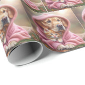 Golden Retriever en kitten in roze hoodie Cadeaupapier (Rol Hoek)