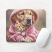 Golden Retriever en kitten in roze hoodie Muismat (Met muis)
