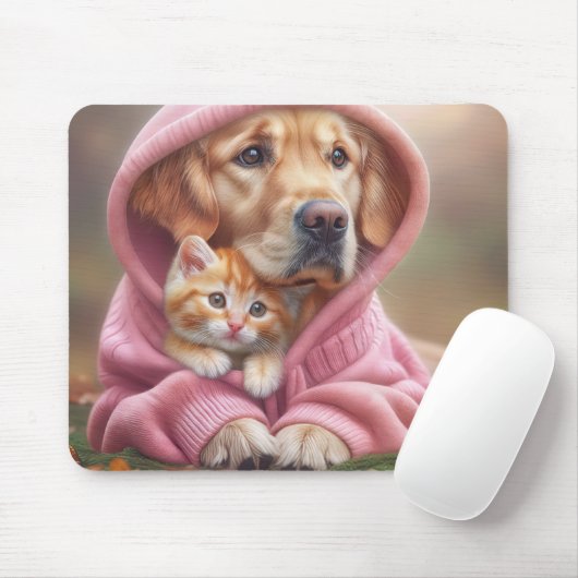 Golden Retriever en kitten in roze hoodie Muismat (Met muis)