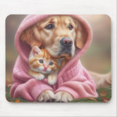 Golden Retriever en kitten in roze hoodie Muismat (Voorkant)