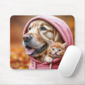 Golden Retriever en kitten in roze hoodie Muismat (Met muis)