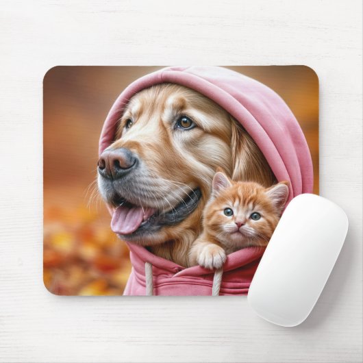 Golden Retriever en kitten in roze hoodie Muismat (Met muis)