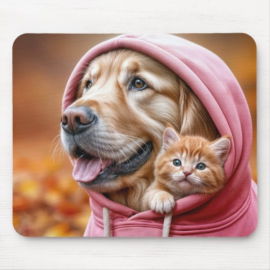 Golden Retriever en kitten in roze hoodie Muismat (Voorkant)