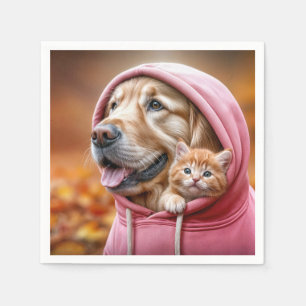 Golden Retriever en kitten in roze hoodie Servet