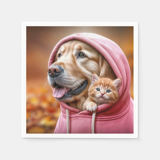 Golden Retriever en kitten in roze hoodie Servet (Voorkant)