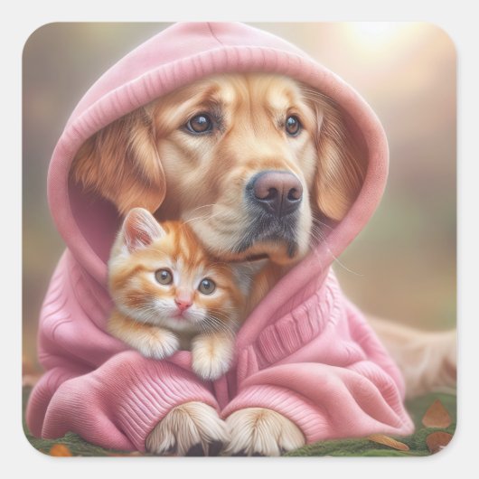 Golden Retriever en kitten in roze hoodie Vierkante Sticker (Voorkant)