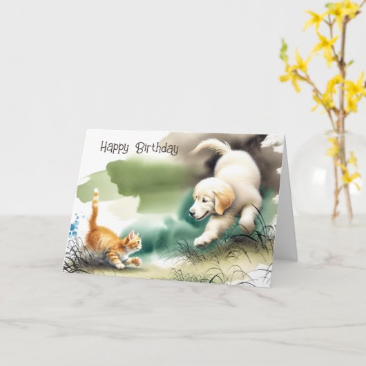 Golden Retriever en Kitten Verjaardag Kaart (Gele Bloem)